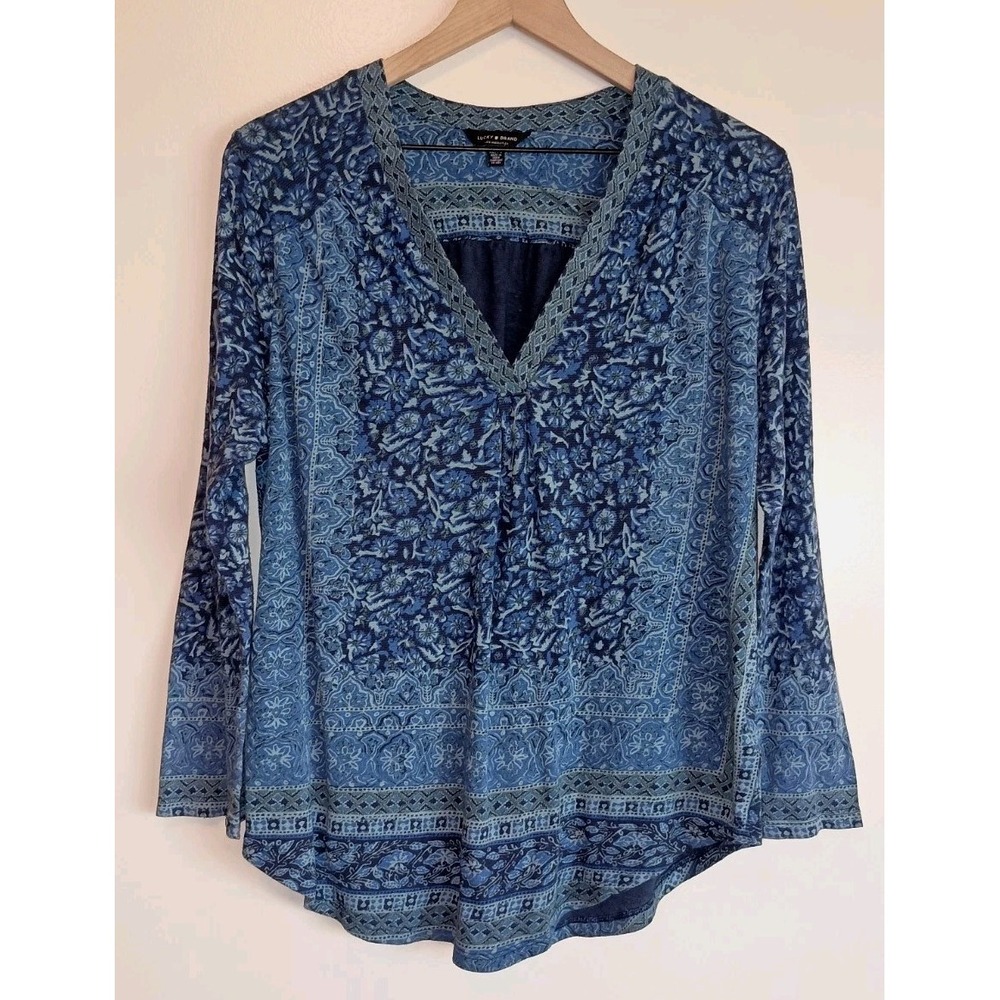 Lucky Brand XL Boho Floral Paisley Border Print Blouse Blue Linen Blend
